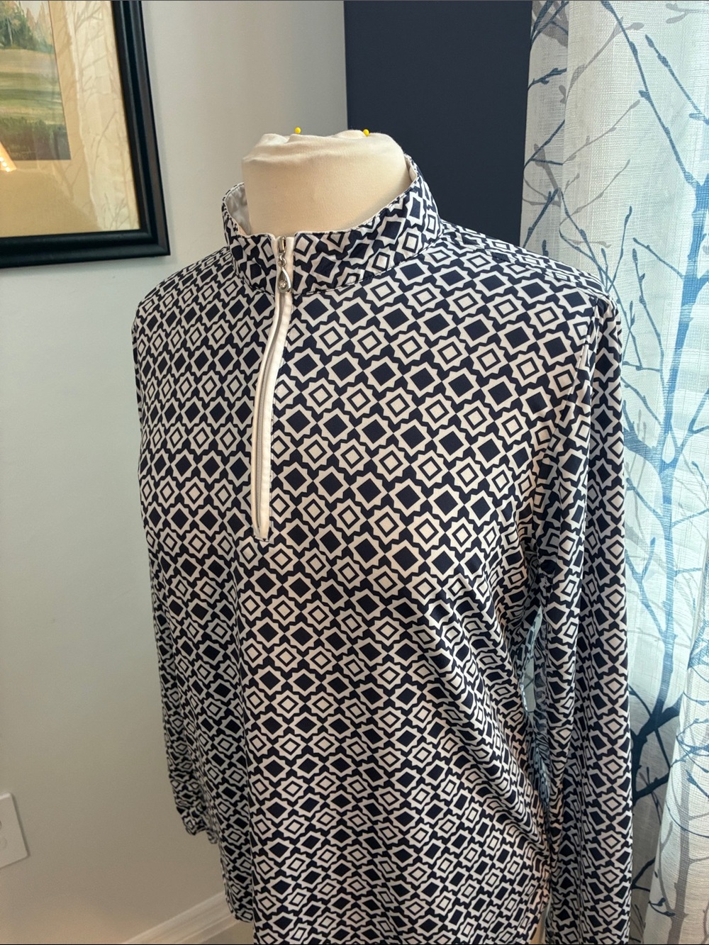 San Soleil Geometric Print Quarter-Zip Pullover - Navy & White - Picture 2 of 7